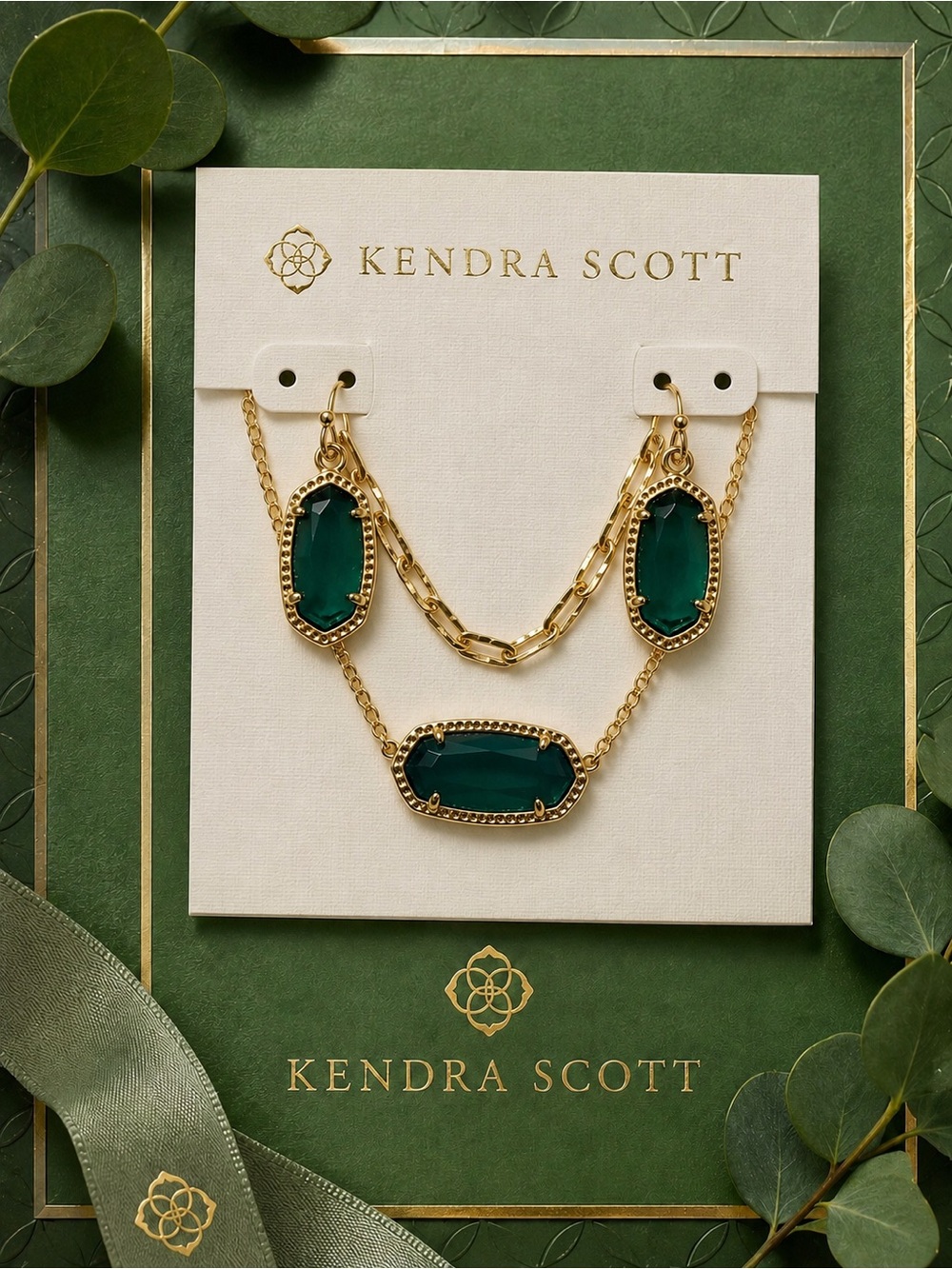 Kendra Scott Elisa Necklace & Earrings Set – Emerald Green Gold Tone